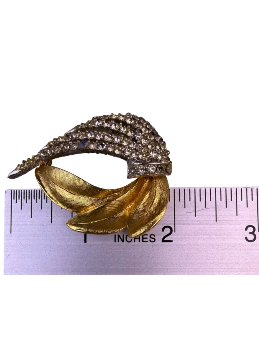 Mid-Century Gold Tone Rhinestone Feather Brooch Elegant Vintage Design